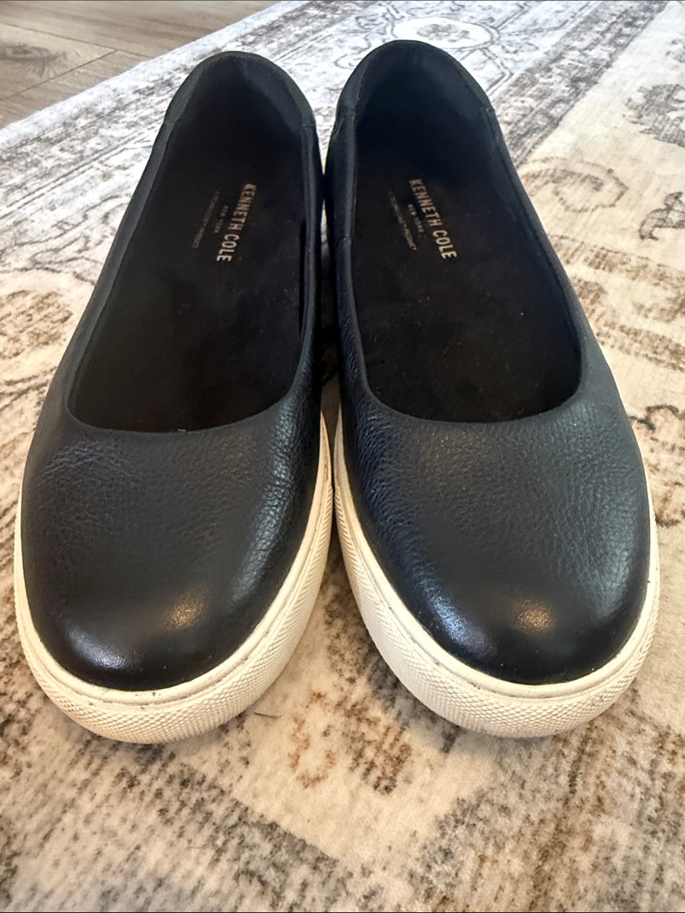 Kenneth Cole Black Leather Slip-On Platform Flats with White Sole